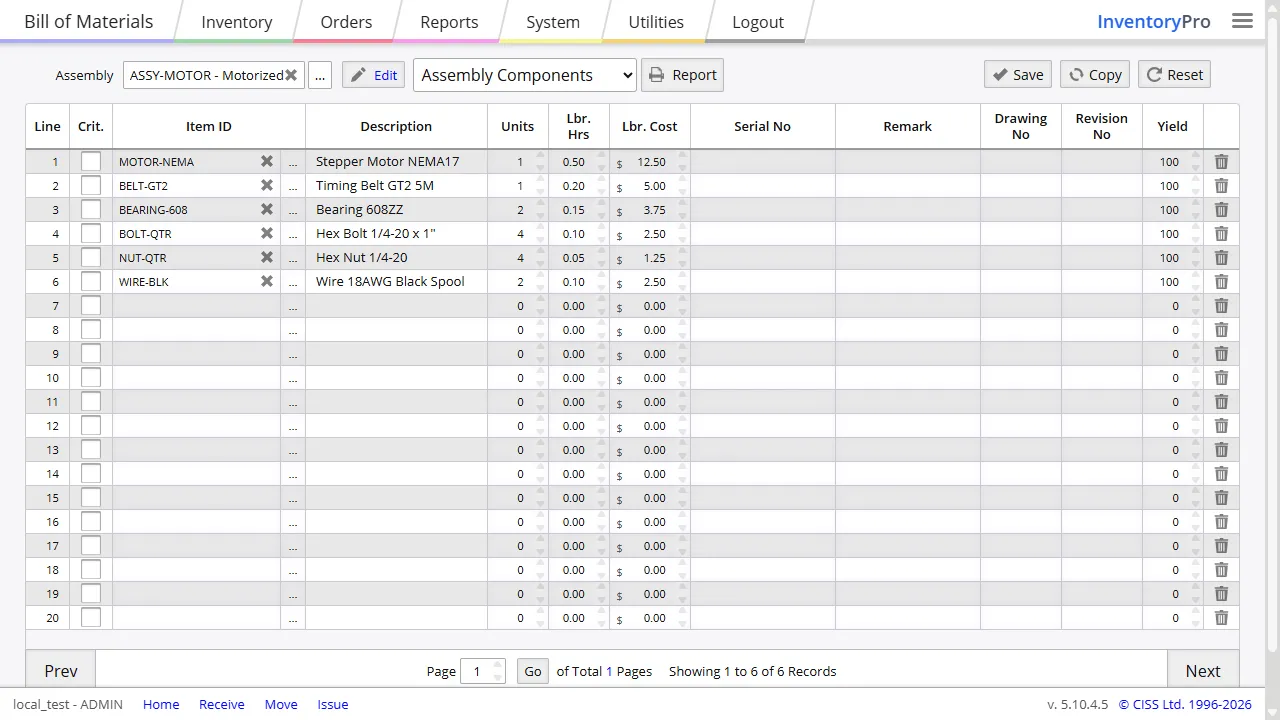 BOM editor listing components, required quantities, and yield settings