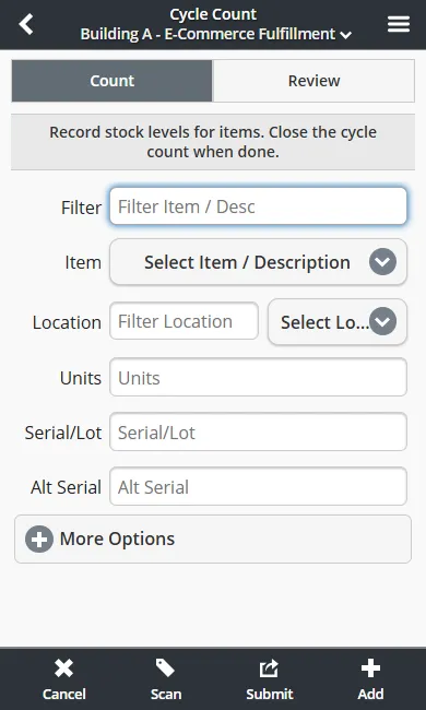 Mobile cycle count screen for barcode-based counting with live variance review