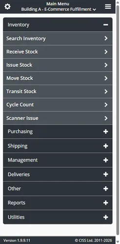 Inventory Pro mobile app showing warehouse operations menu in dark mode