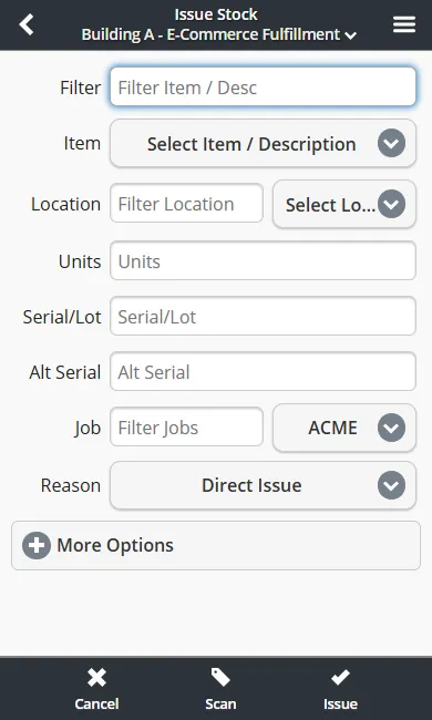 Mobile issue transaction screen showing item, quantity, destination, and cost center fields