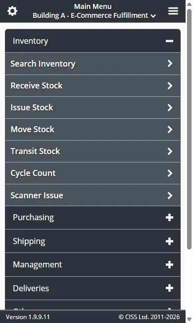 Inventory Pro mobile menu listing receive, issue, move, count, and order tasks