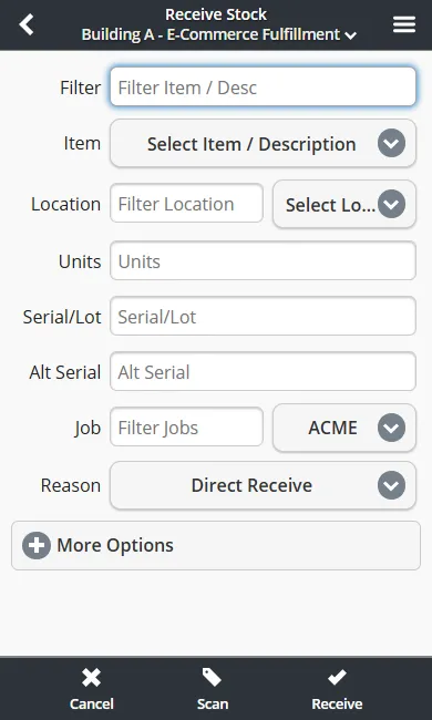 Mobile receiving screen capturing item, quantity, location, and purchase order details
