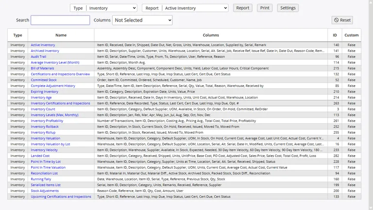 Inventory Pro report library grouped by inventory, order, warehouse, and administration topics