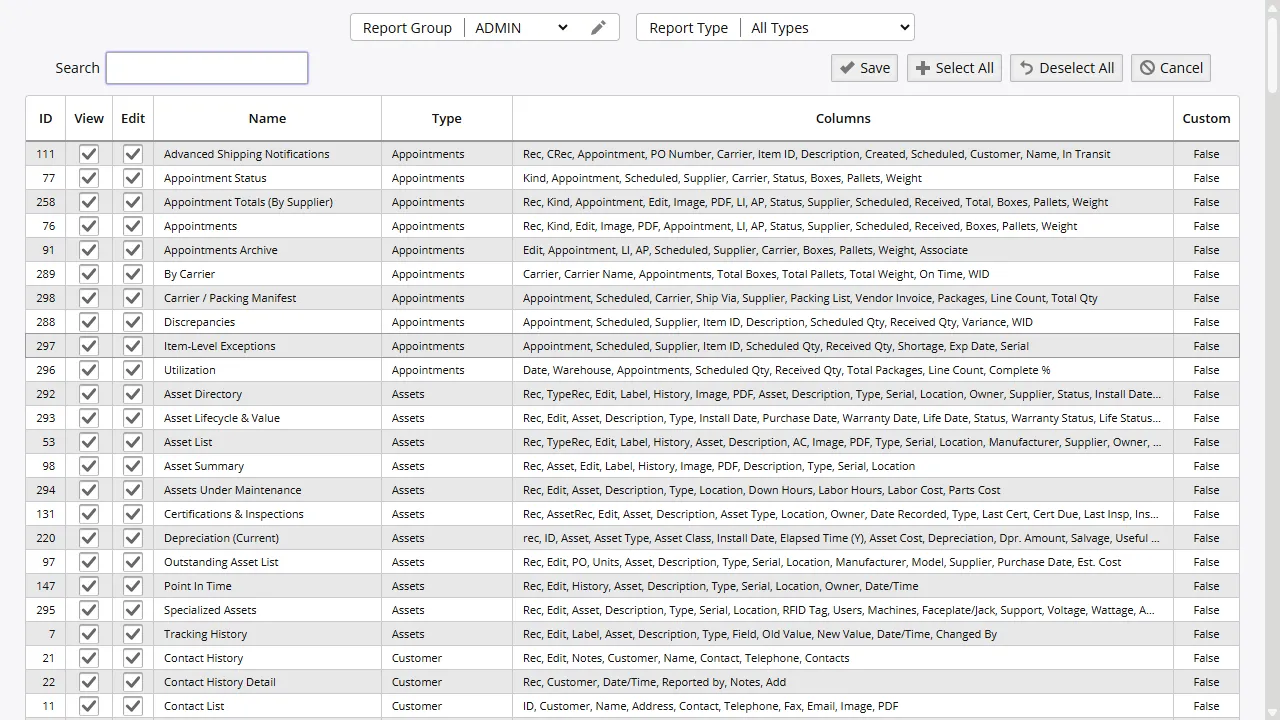 Permission setup screen with group-based access rules for reports