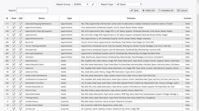 Permission setup screen with group-based access rules for reports