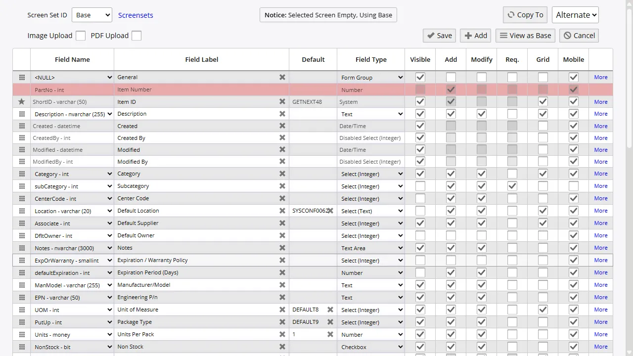 Layout editor showing column order, widths, and visible field settings
