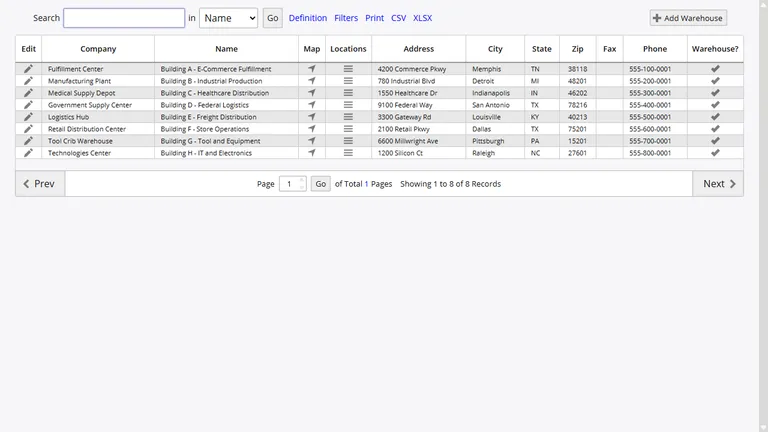Cloud WMS screen listing multiple warehouse sites with their settings and location counts