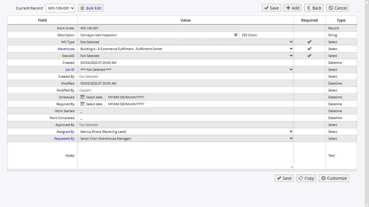 Work order screen showing status, BOM link, and production cost summary