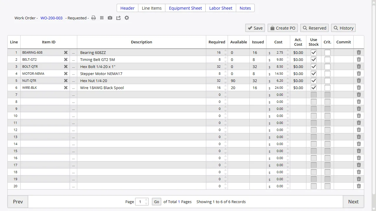 Work order detail showing required components and issue status for a production build