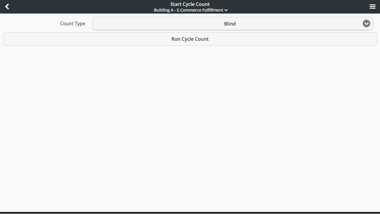 Mobile cycle count screen showing item, location, units, and serial fields with scan and submit toolbar